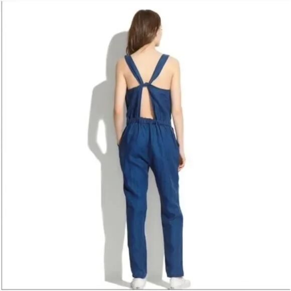 Madewell Jumpsuit Blue Straight Leg 100% Linen Pockets Cut-Out Elastic Back 4 - Picture 3 of 16